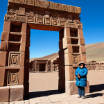 A professional archaeologist, fully clothed in modest field attire, stands contemplating the majestic Porta do Sol (Gateway of the Sun) at the ancient Tiwanaku archaeological site in Bolivia. The monumental stone archway, with its intricate and precisely carved frieze of Viracocha, stands prominently against a clear, high-altitude sky, bathed in soft, natural sunlight. The surrounding vast, arid Bolivian Altiplano landscape stretches into the distance, emphasizing the isolation and grandeur of the ancient civilization's engineering genius, with seamless interlocking of stones without mortar. Professional photography, hyperdetailed, high resolution, perfect anatomy, correct proportions, natural pose, well-formed hands, proper finger count, natural body proportions, safe for work, appropriate content, fully clothed, modest, family-friendly.