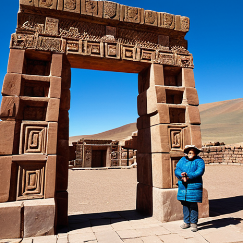 Home 22 A professional archaeologist, fully clothed in modest field attire, stands contemplating the majestic Porta do Sol (Gateway of the Sun) at the ancient Tiwanaku archaeological site in Bolivia. The monumental stone archway, with its intricate and precisely carved frieze of Viracocha, stands prominently against a clear, high-altitude sky, bathed in soft, natural sunlight. The surrounding vast, arid Bolivian Altiplano landscape stretches into the distance, emphasizing the isolation and grandeur of the ancient civilization's engineering genius, with seamless interlocking of stones without mortar. Professional photography, hyperdetailed, high resolution, perfect anatomy, correct proportions, natural pose, well-formed hands, proper finger count, natural body proportions, safe for work, appropriate content, fully clothed, modest, family-friendly.