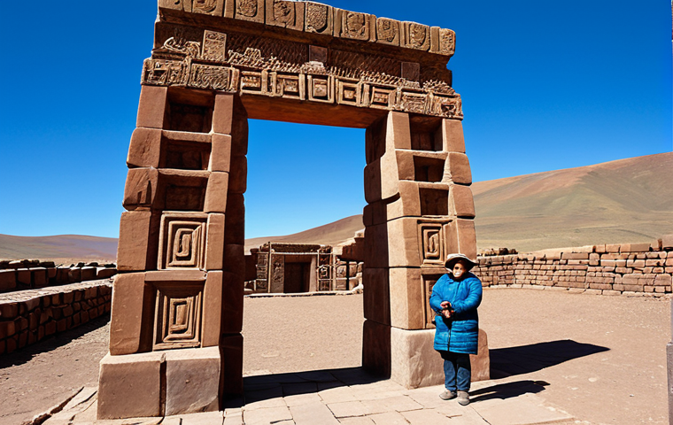 A professional archaeologist, fully clothed in modest field attire, stands contemplating the majestic Porta do Sol (Gateway of the Sun) at the ancient Tiwanaku archaeological site in Bolivia. The monumental stone archway, with its intricate and precisely carved frieze of Viracocha, stands prominently against a clear, high-altitude sky, bathed in soft, natural sunlight. The surrounding vast, arid Bolivian Altiplano landscape stretches into the distance, emphasizing the isolation and grandeur of the ancient civilization's engineering genius, with seamless interlocking of stones without mortar. Professional photography, hyperdetailed, high resolution, perfect anatomy, correct proportions, natural pose, well-formed hands, proper finger count, natural body proportions, safe for work, appropriate content, fully clothed, modest, family-friendly.