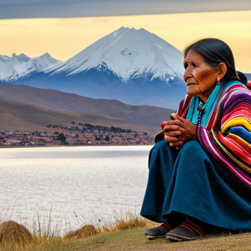 Home 21 An elderly Aymara woman, fully clothed in vibrant, modest traditional Bolivian indigenous attire, sits thoughtfully by the serene shores of Lake Titicaca. The majestic, snow-capped Andes mountains rise grandly in the background under a soft, golden hour sky. Her hands are gently clasped, and her expression is wise and contemplative, as if sharing ancient, mystical stories passed down through generations. The scene is peaceful and timeless, evoking a deep connection to history and the land. safe for work, appropriate content, modest, perfect anatomy, correct proportions, natural pose, well-formed hands, proper finger count, natural body proportions, professional photography, high quality.