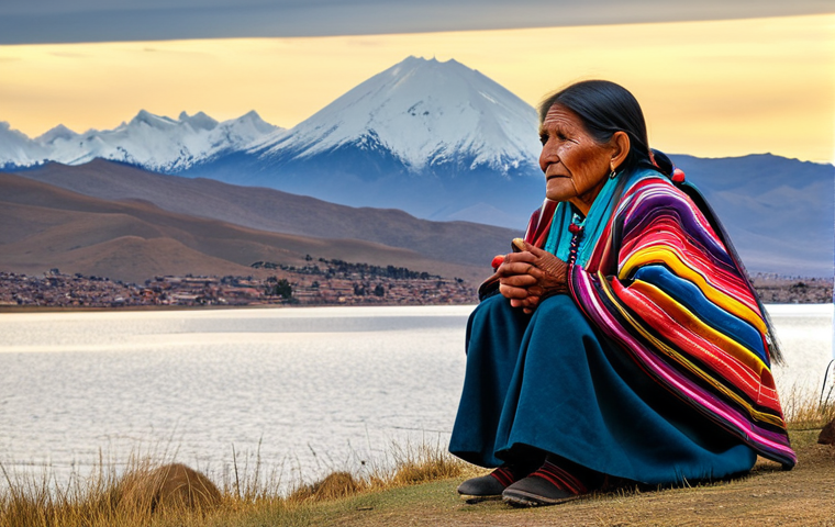 An elderly Aymara woman, fully clothed in vibrant, modest traditional Bolivian indigenous attire, sits thoughtfully by the serene shores of Lake Titicaca. The majestic, snow-capped Andes mountains rise grandly in the background under a soft, golden hour sky. Her hands are gently clasped, and her expression is wise and contemplative, as if sharing ancient, mystical stories passed down through generations. The scene is peaceful and timeless, evoking a deep connection to history and the land. safe for work, appropriate content, modest, perfect anatomy, correct proportions, natural pose, well-formed hands, proper finger count, natural body proportions, professional photography, high quality.