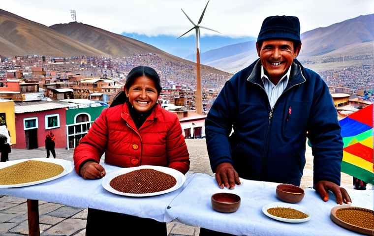 Bolivian Economic Diversification**

"A vibrant marketplace in La Paz, Bolivia, showcasing diverse local goods: quinoa, coffee, and textiles. In the background, modern wind turbines are visible. Professional photo, bright and colorful, showcasing economic diversification. The people are smiling and fully clothed in traditional Andean attire. Safe for work, appropriate content, fully clothed, professional, family-friendly, perfect anatomy, correct proportions, natural pose, well-formed hands, proper finger count, natural body proportions."

**