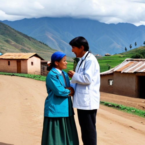 Home 11 Rural Health Access**
A fully clothed Bolivian doctor in modest clothing, consulting with a traditionally dressed woman in a rural village. Background shows simple houses and mountains. Safe for work, appropriate content, perfect anatomy, natural pose, professional, high quality.
**