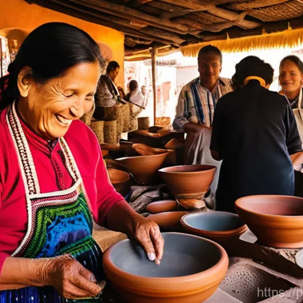 볼리비아에서 마셔볼 전통 음료 - **Prompt:** A vibrant, sunlit scene inside a bustling traditional Bolivian 'chichería' or a lively o...