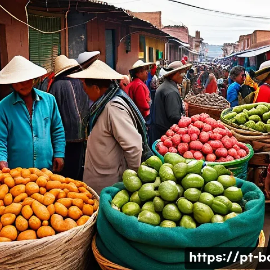 볼리비아 전통 시장 탐방 - **Prompt 1: "Vibrant Bolivian Market Bustle"**
    "A wide-angle, bright and colorful photograph cap...