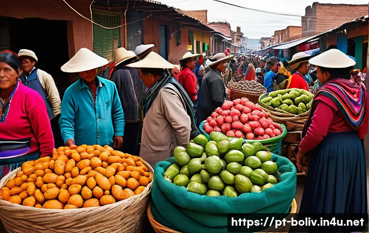 볼리비아 전통 시장 탐방 - **Prompt 1: "Vibrant Bolivian Market Bustle"**
    "A wide-angle, bright and colorful photograph cap...