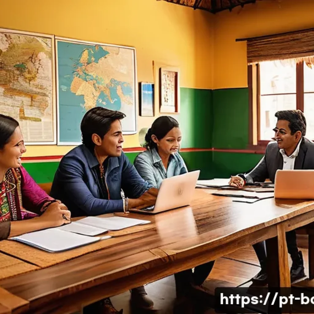 볼리비아에서 사업 시작하기 - A detailed scene of a modern Bolivian small business office interior, showing diverse professionals ...