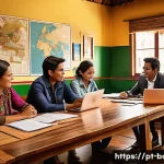 Home 19 볼리비아에서 사업 시작하기 - A detailed scene of a modern Bolivian small business office interior, showing diverse professionals ...