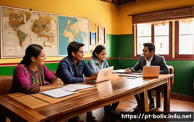 볼리비아에서 사업 시작하기 - A detailed scene of a modern Bolivian small business office interior, showing diverse professionals ...
