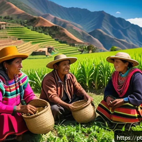 Home 30 볼리비아 대통령 목록 - A vibrant Bolivian rural community scene showcasing indigenous farmers in traditional colorful cloth...