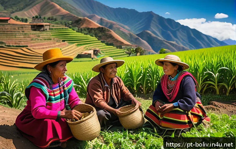 볼리비아 대통령 목록 - A vibrant Bolivian rural community scene showcasing indigenous farmers in traditional colorful cloth...