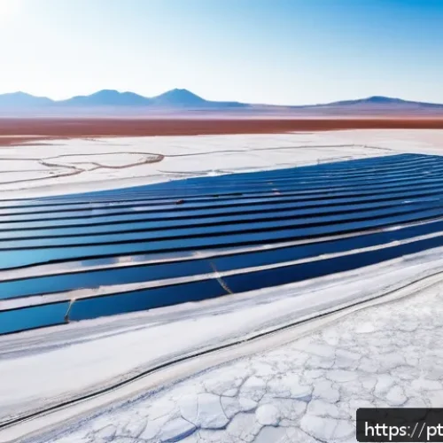 Home 17 우유니 사막 리튬 광산 - A panoramic view of a lithium salt flat in Bolivia’s high plateau under a clear blue sky, showcasing...