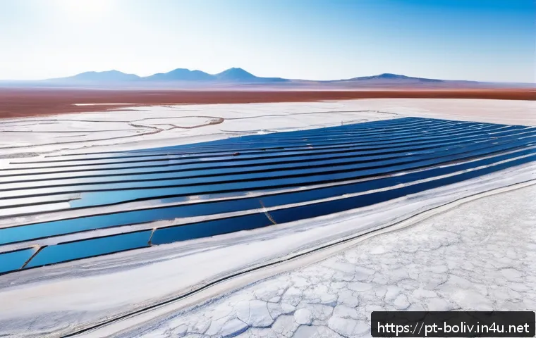 우유니 사막 리튬 광산 - A panoramic view of a lithium salt flat in Bolivia&rsquo;s high plateau under a clear blue sky, showcasing...